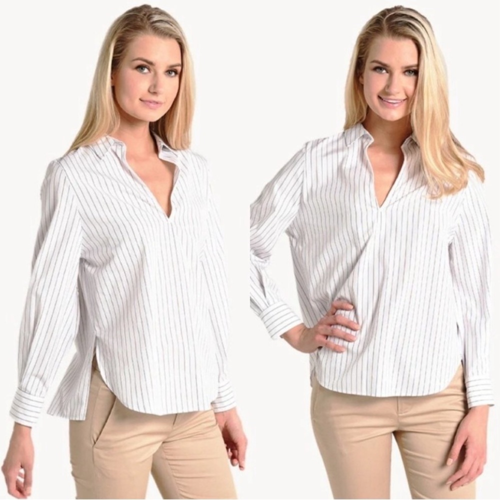 Vince Bar Stripe Swing Front Pullover Shirt Size M White Brown Blue